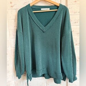 Altar’d State Green Ribbed V-Neck Top | Oversized Cozy Knit | Size M